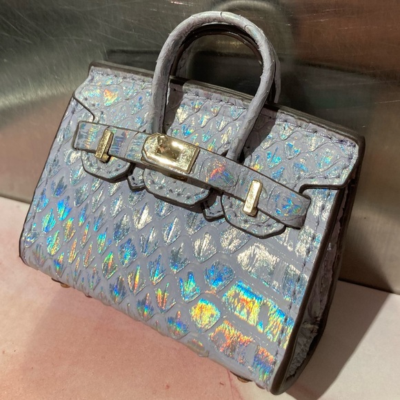 🐍 👜 Handmade Genuine Leather Mini Holographic Lilac Snakeskin Birkin Bag Charm - Picture 3 of 12